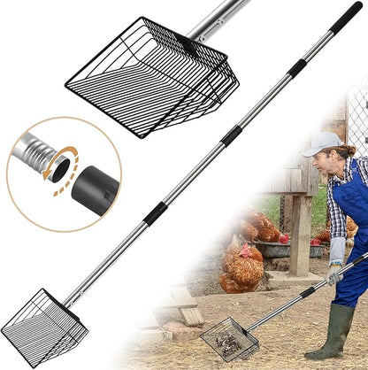 10inch Large Metal Chicken Poop Scooper, 24 to 68" Long Chicken Coop Litter Scoop with Stainless Steel Handle, 4 in 1 Multifunctional Heavy Duty Litter Sifting Shovel Chicken Coop Accessories