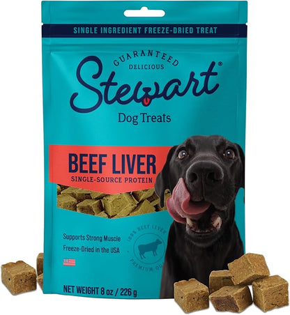 Stewart Single Ingredient Freeze Dried Raw Dog Treats, Beef Liver, 8 Ounce, Approx. 180 Pieces per Resealable Pouch, Training Treats or Meal Topper, High Protein, Grain Free, Gluten Free