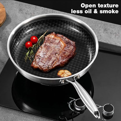 8-10 Inch Non Stick Frying Pans, Ceramic Coating NonStick Stainless Steel Pan Set, Tri-Ply Skillets and Pan Set with Lid, Cool-Touch Handle, Dishwasher and Oven Safe