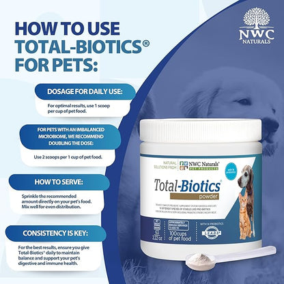 NWC Naturals Total-Biotics, Cat & Dog Probiotics for Digestive Health with Prebiotic, Unflavored Probiotic for Dogs & Cats, Supplement for Gut, Skin, Coat, Stomach Relief, 100 Servings, 2.22 Ounces