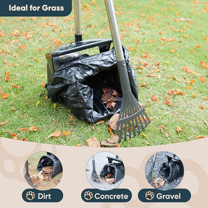 Stainless Steel Dog Pooper Scooper,40" Long Handle Swivel Bin and Rake,20 Waste Bags - Heavy Duty Portable Metal Poop Scooper for Large,Medium and Small Dogs