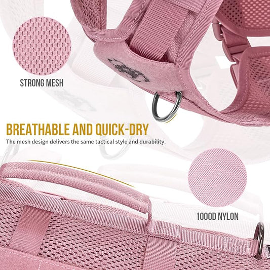 OneTigris Tactical Dog Harness for Small Dog, No Pull Small Dog Vest Harness with Handles Breathable Military Molle Vests for Walking Hiking Training (Pink, Large)