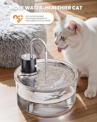 Wireless Cat Water Fountain Glass - 108oz/3.2L Automatic Ultra-Quiet Cat Water Fountain Cordless, Glass Battery Operated Pet Fountain Rechargeable Water Dispenser for Cats, Puppy, Multiple Pets