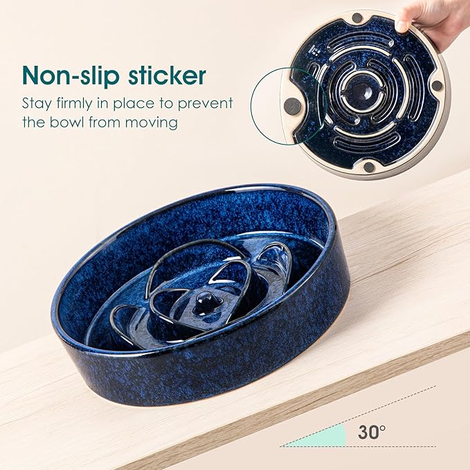 vancasso Slow Feeder Dog Bowl, 1.5 Cups Ceramic Slow Feeder for Medium Breed, Puzzle Maze Dog Food Bowl for Fast Eater, Blue