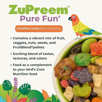 ZuPreem Pure Fun Bird Food, Amazon, Cockatoo, Macaw, Seed and Pellet Blend for Large Birds, Food Mixer Topper, Enriching Variety, Made in USA, Bird Seed for Large Birds (L, 2 lbs)
