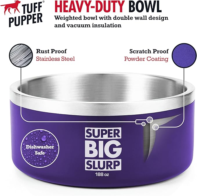 Tuff Pupper Heavy Duty Insulated Dog Bowl | Double Wall Stainless Steel Dog Food Dish | Non-Slip Spill Proof Dishwasher Safe Cat Bowl | Water Dish for Feeding Large Medium Small Pets (188oz, Purple)