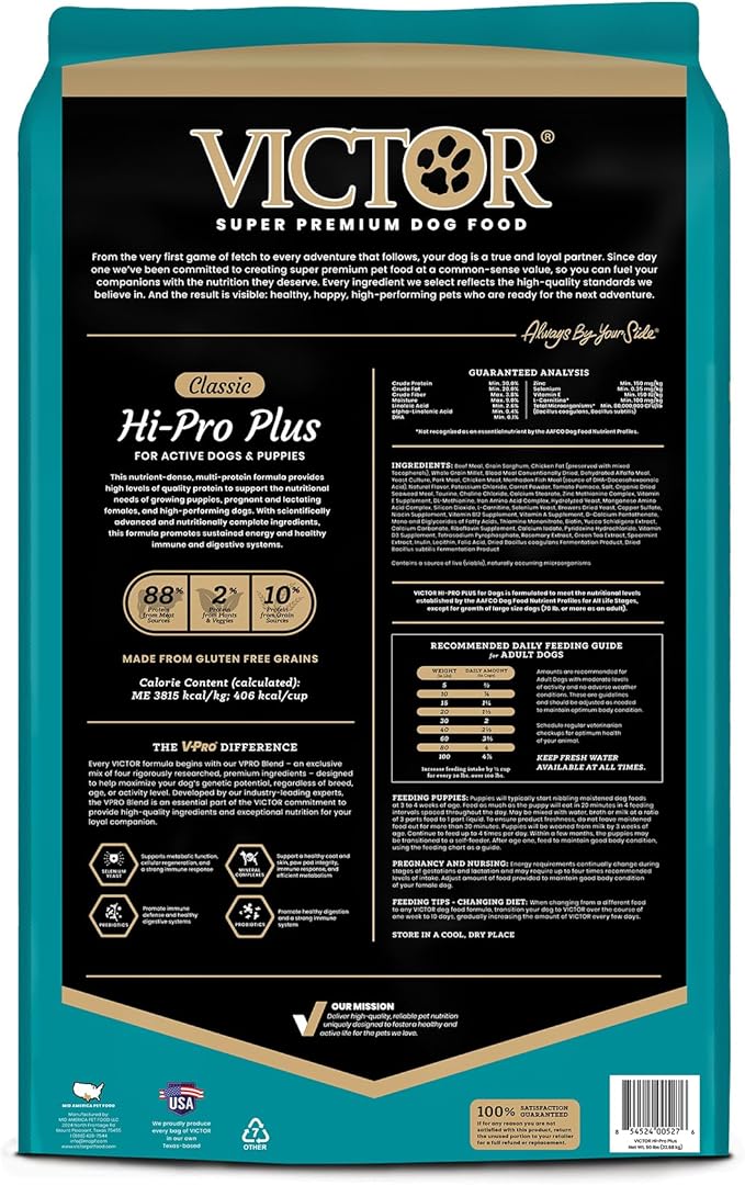 VICTOR Super Premium Dog Food – Hi-Pro Plus Dry Kibble – High Protein Dog Food with 30% Protein – Beef, Chicken, Pork, Fish Meals, Gluten Free - for High Energy and Active Dogs & Puppies, 50lbs