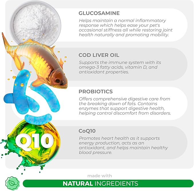 Multivitamin for Dogs - Glucosamine Chondroitin for Joint Support + Digestive Enzymes & Probiotics - Cod Liver Oil & Vitamins with Coq10 for Skin & Heart Health, Gut & Immune Support