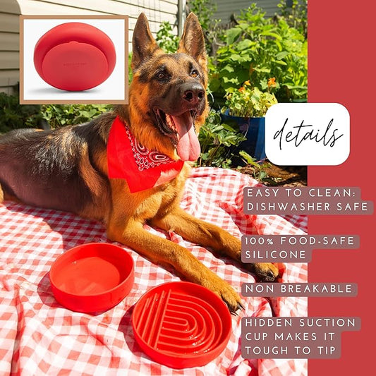 The Perfect Dish No-Spill Dog Water Bowl, Less Mess Non-Tippable Water & Food Bowl, Pure Silicone with Suction Cup, Fits 5 Cups 7.5" Across x 2.25" Tall Ideal for All Pets, Medium-Cherry