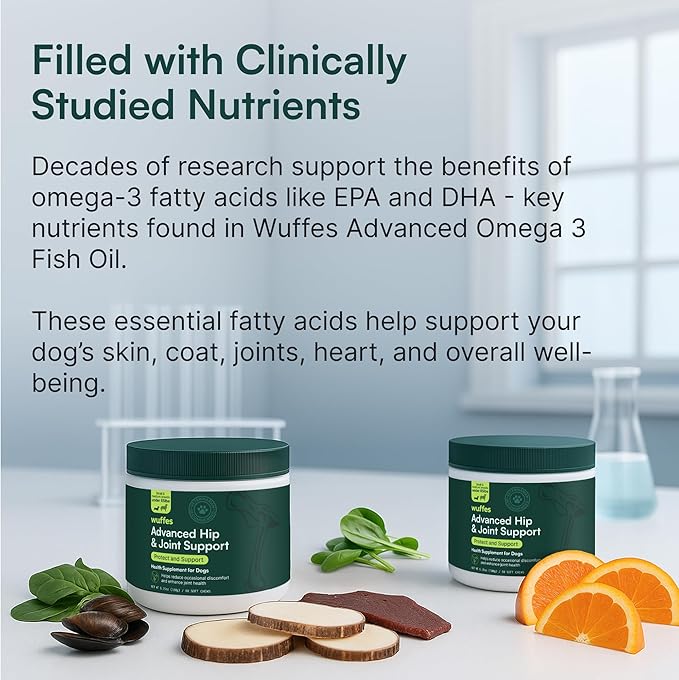 Wuffes Advanced Dog Hip and Joint Supplement with Glucosamine, Chondroitin, Omega 3, MSM, and Green Lipped Mussel, 120 Pork Flavored Chews for Small Dog Breeds