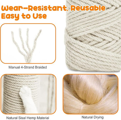 328FT/100M Cat Scratching Sisal Rope, 6mm Thick Natural Jute Rope for Scratch Posts, Cat Trees, DIY Projects, Sisal Rope for Cat Scratcher with 2 Cat Mouse Toys (White, 328ft)