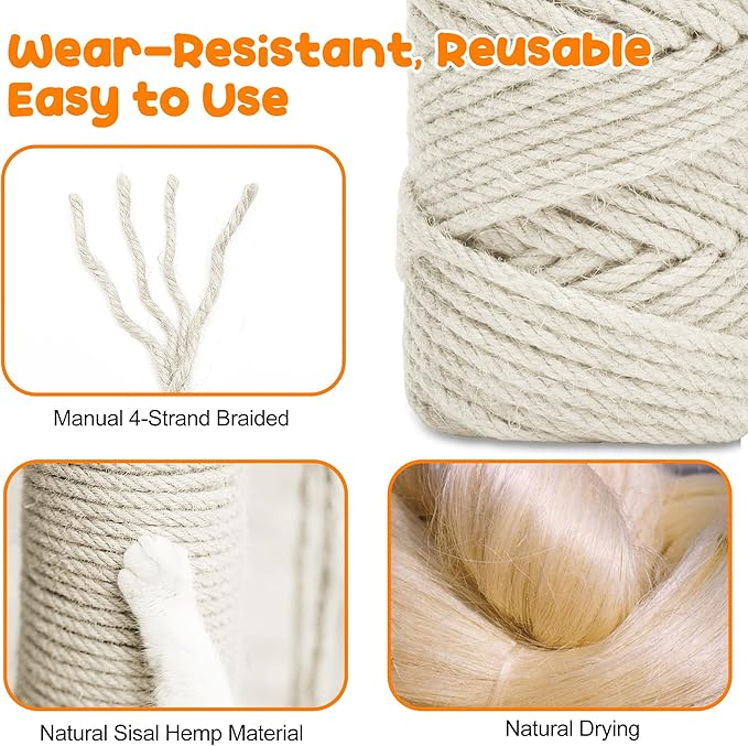 98FT/30M Cat Scratching Sisal Rope, 6mm Thick Natural Jute Rope for Scratch Posts, Cat Trees, DIY Projects, Sisal Rope for Cat Scratcher with 2 Cat Mouse Toys (White, 98ft)