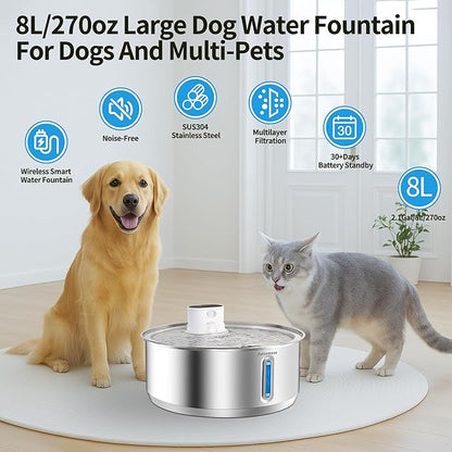 Stainless Steel Large Dog Water Fountain, 2.1Gal/8L Wireless Battery Operated Large Dog Water Bowl Dispenser Motion Sensor Water Fountain Bowl Inside with 13 Filters and 2 Ultra Quiet Pumps
