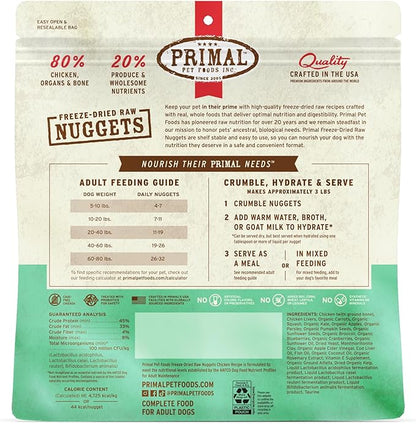 Primal Freeze Dried Dog Food Nuggets, Chicken, Complete & Balanced Meal, Also Use as Topper or Treat, Premium, Healthy, Grain Free, High Protein Raw Dog Food, 14 oz (Pack of 4)