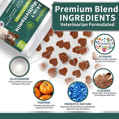 Dog Multivitamin, Glucosamine Chondroitin for Dogs, Dog Vitamins and Supplements, Probiotics, Krill Oil for Hip & Joints, Skin, Coat, Immune Health, Heart, Digestion (120 Chews, Chicken)