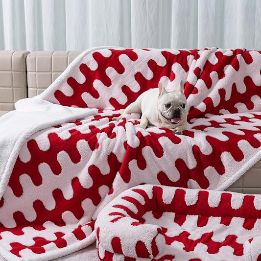 Waterproof Pet Blanket,Dog Bed Covers Small Throw for Puppy Cats Stylish Jacquard Pets Couch Sofa Furniture Protection Washable Reversible Covers (Red Wave,XS)