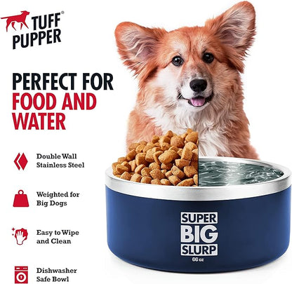 Tuff Pupper Heavy Duty Insulated Dog Bowl | Double Wall Stainless Steel Dog Food Dish | Non-Slip Spill Proof Dishwasher Safe Cat Bowl | Water Dish for Feeding Large Medium Small Pets (66oz, Blue)