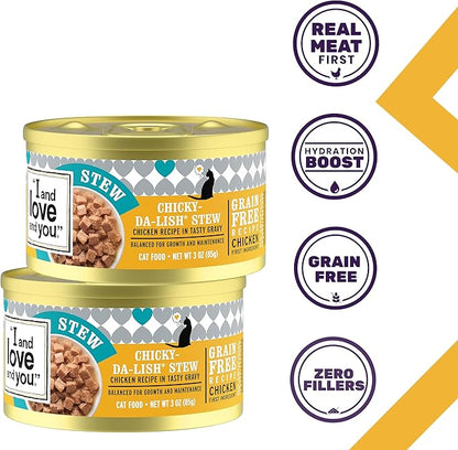 I and love and you Wet Cat Food - Chicky-Da-Lish Stew - Chicken Recipe, Grain Free, Filler Free, 3oz Pack of 24 Cans