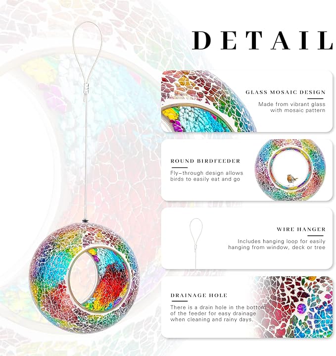 VCUTEKA Bird Feeder Mosaic Fly Through Bird Feeders for Outside Hanging with Round Shape Glass Container to Attract More Wild Birds for Garden, Yard, Backyard, Deck and Porch Decor, Purple 7-Inch