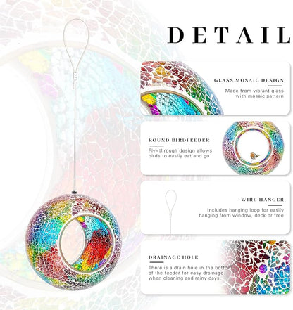 VCUTEKA Bird Feeder Mosaic Fly Through Bird Feeders for Outside Hanging with Round Shape Glass Container to Attract More Wild Birds for Garden, Yard, Backyard, Deck and Porch Decor, Purple 7-Inch