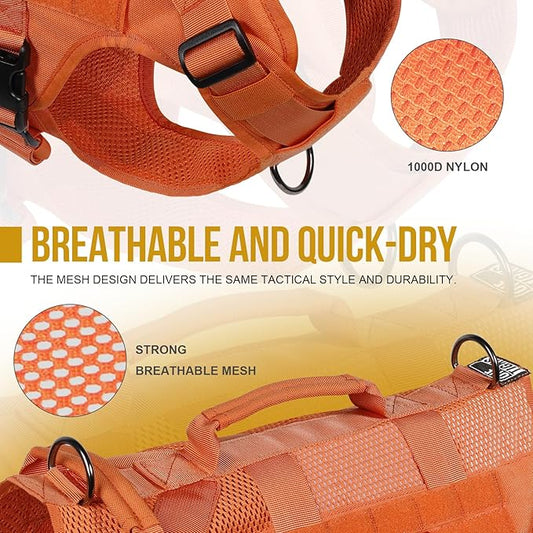 OneTigris Tactical Dog Harness for Small Dogs, No Pull Small Dog Vest Harness Breathable Military Dogs Molle Vests with Handles, Harness for Walking Hiking Training (Orange, XS)