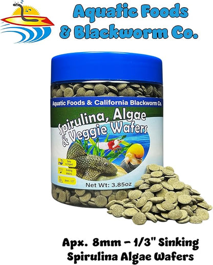 Aquatic Foods Inc. 8mm - 1/3" Small Sinking Wafers of Spirulina, Algae for Bottom Fish, Plecos, Catfish, Shrimp, Snails, Crabs, All Tropical Fish, 4-Type Wafer & 12-Type Pellet Mix Included..5oz