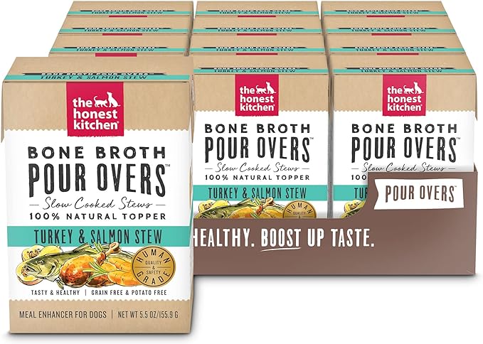 The Honest Kitchen Bone Broth POUR OVERS™ Wet Toppers for Dogs (12 pack), 5.5oz - Turkey & Salmon Stew