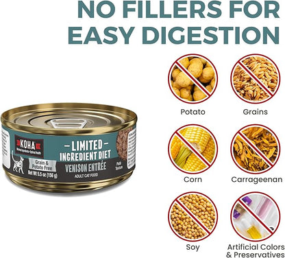 KOHA Limited Ingredient Diet Venison Paté for Cats - Single Meat Cat Food for Sensitive Stomachs - Paté Venison Cat Food with No Fillers - 3 oz Pack of 24