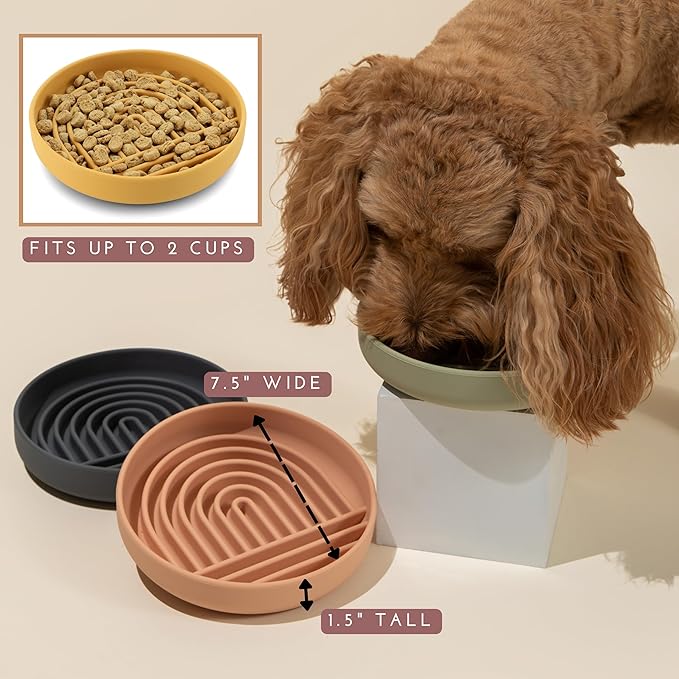 The Slowdown Bowl Silicone Slow Feeder for Dogs & Puppies, Slow Eating, Modern Lick Mat Design, Reduces Gulping, Fits 2 Cups 7.5” Across x 1.5” Tall, Mealtime Challenge, Medium-Honey