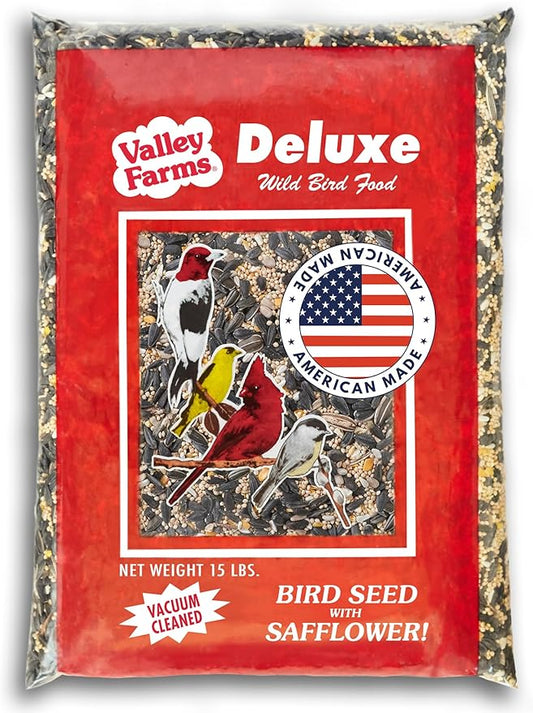 Valley Farms Deluxe Blend (15 LB) Wild Bird Food for Outside Feeders with Sunflower Seed and Safflower Seed for Birds - Value Birdseed