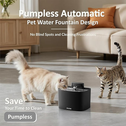 PET LAYSON Pumpless Cat Water Fountain, Smart Cordless Fountains Battery Operated, 3.6L/122oz with Maglev Valve Technology Rechargeable Water Dispenser for Cat &Dog, 2 Filters,2 Nozzles(Black, M1)