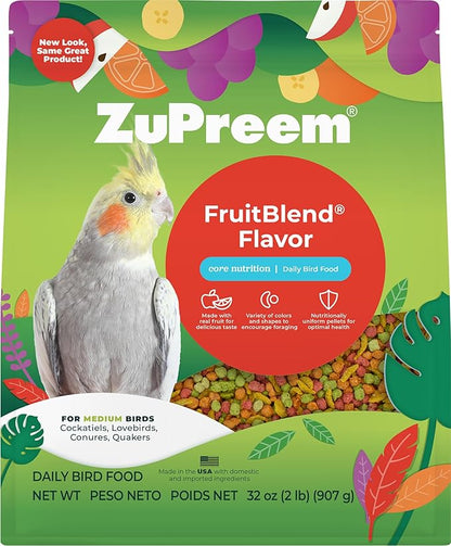 ZuPreem FruitBlend Bird Pellets, Daily Bird Food for Cockatiel, Lovebird, Quaker, Small Conure, Lorikeet, Core Nutrition for Medium Birds, Cockatiel Pellets, Conure Food (M, 2 lbs)