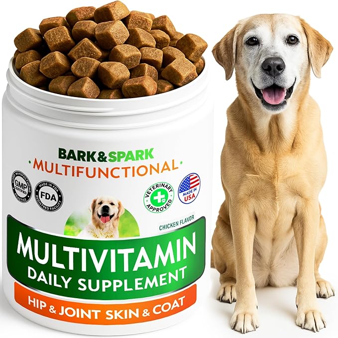 BARK&SPARK Dog Vitamins & Supplements - Multivitamin Chewable Treats for Dogs - Glucosamine Chondroitin for Joint Support + Omega for Skin & Coat + Probiotics - Multi Vitamin for Pets Health - 60Ct