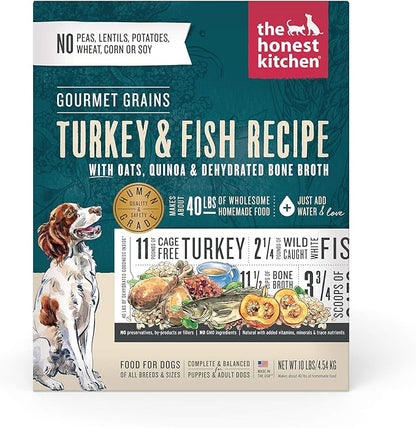 The Honest Kitchen Human Grade Dehydrated Gourmet Grains Dehydrated Dog Food - Turkey & White Fish, 10 Pound Box