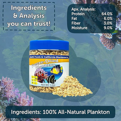 Aquatic Foods Inc. Pacific Plankton, Freeze Dried Plankton for Marines, Corals, Anemones, Cichlids, Discus, Tetras, Goldfish, Angel Fish, 12-Type Pellet Mix, 4-Type Wafer Mix Included..2.45oz Canister