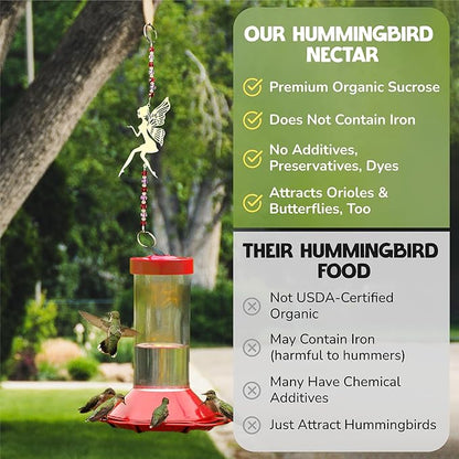 USDA Organic Hummingbird Nectar, Iron-Free, 4 x 8oz Concentrate Pouches, All-Natural, Dye-Free Nectar for Backyard Feeders, Hummingbird Food Mix for Outdoor Bird Lovers