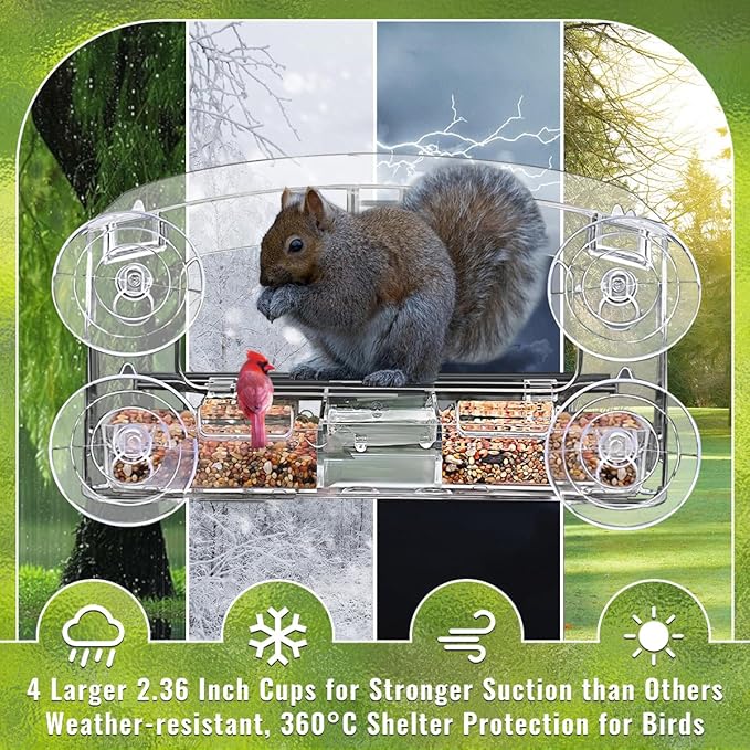 Window Bird Feeder with Strong Suction Cup for Outdoors, Close-up Bird Watching Gift for Bird Lovers Cats, Suitable for Cardinals, Finches, Orioles, Bluebirds, etc.