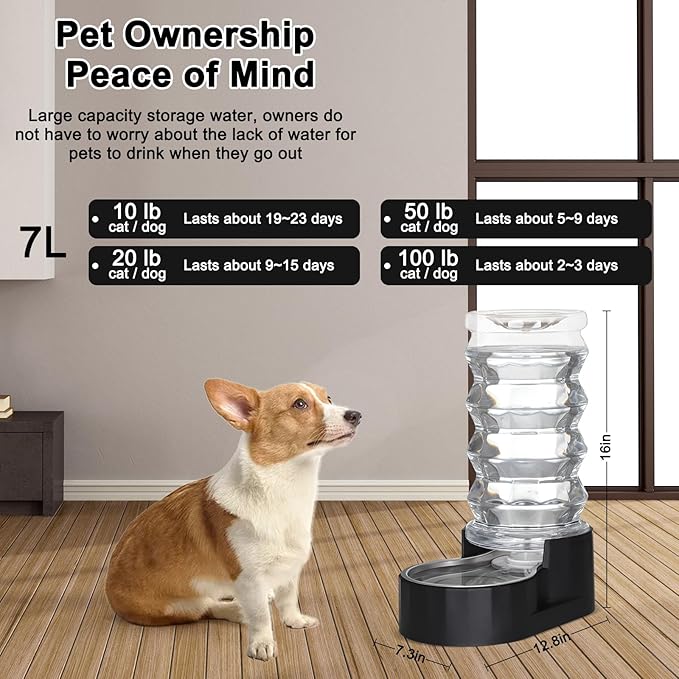 RIZZARI Dog Food Water Dispenser: 7L Automatic Black Large Stainless Steel Waterer with Filter - Gravity Water Feeder - Healthy Hydration for Pets Indoors Outdoors