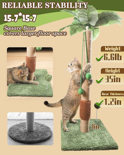 ANWA 35" Tall Cat Scratching Post for Kitten and Large Cats, Scratching Post for Indoor Cats with Self-Grooming Rubber Brush, Cat Sisal Post with Simulated Leaves