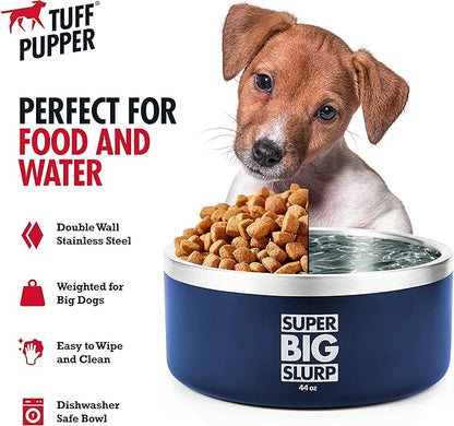 Tuff Pupper Heavy Duty Insulated Dog Bowl | Double Wall Stainless Steel Dog Food Dish | Non-Slip Spill Proof Dishwasher Safe Cat Bowl | Water Dish for Feeding Large Medium Small Pets (44oz, Blue)
