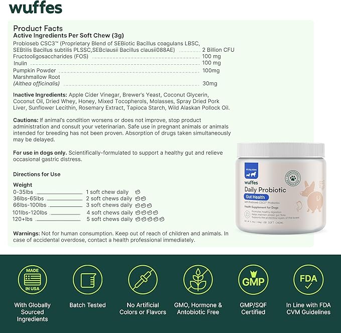 Wuffes Daily Probiotic for Dogs - Supports Digestive Health, Gut Balance, and Immune System - with Prebiotics, Marshmallow Root, and Pumpkin Powder (120 Chews (Pack of 2))