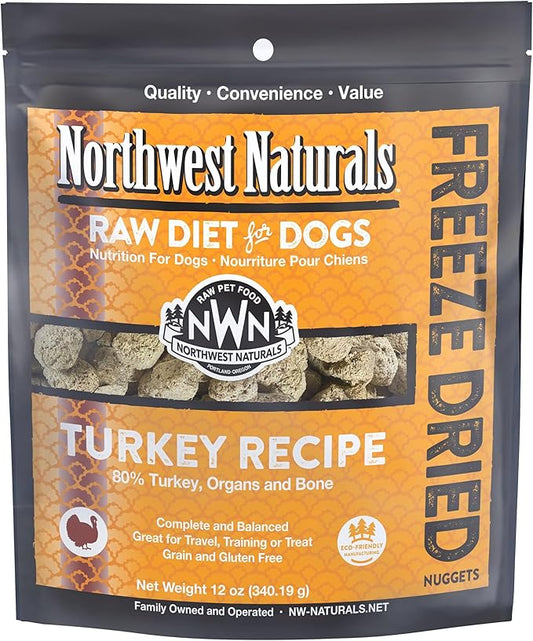 Northwest Naturals Freeze-Dried Turkey Dog Food - Bite-Sized Nuggets - Grain-Free, High-Protein, Raw Diet, Human-Grade, Limited Ingredients, All Natural, Healthy & Nutritious, Made in USA, 12 Oz