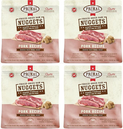 Primal Freeze Dried Raw Dog Food Nuggets, Pork, Complete & Balanced Meal, Also Use as Topper or Treat, Premium, Healthy, Grain Free, High Protein Raw Dog Food, 14 oz (Pack of 4)