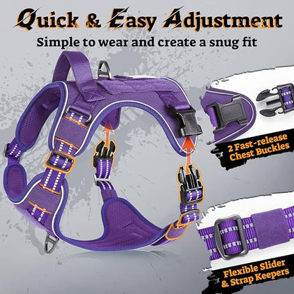rabbitgoo Dog Harness Small Sized No Pull, Tactical Service Pet Vest with Molle and Control Handle, Adjustable and Reflective Military Harness for Easy Walking and Training, Purple, S