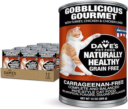 Dave's Pet Food Grain Free Wet Canned Cat Food Pate (Gobblicious Gourmet), Made in USA Naturally Healthy, Added Vitamins & Minerals, 13 oz Cans (12 Pack)
