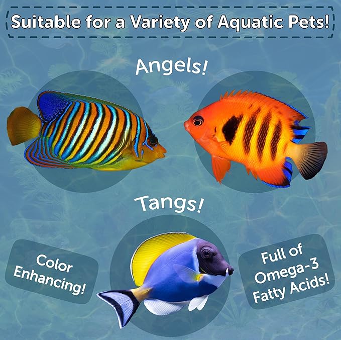 Aquatic Foods Inc. Premium Marine Fish Flakes with Algae, Seaweed and Nori for Clown Fish, Tangs, Butterflies, Angel Fish, 4-Type Wafer Mix & 12-Type Pellet Mix Included 1.30oz Canister