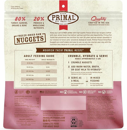 Primal Freeze Dried Raw Dog Food Nuggets, Turkey & Sardine Complete & Balanced Meal, Also Use as Topper or Treat, Premium, Healthy, Grain Free, High Protein Raw Dog Food, 14 oz