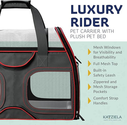 Katziela Luxury Rider Pet Carrier – Airline Compliant & TSA Approved Soft-Sided Travel Bag with Removable Base & 6 Wheels for Small Dogs & Cats – Black/Red