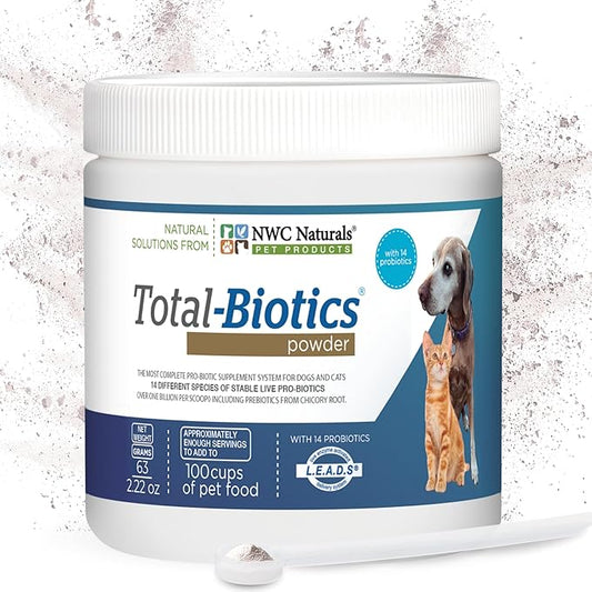 NWC Naturals Total-Biotics, Cat & Dog Probiotics for Digestive Health with Prebiotic, Unflavored Probiotic for Dogs & Cats, Supplement for Gut, Skin, Coat, Stomach Relief, 100 Servings, 2.22 Ounces