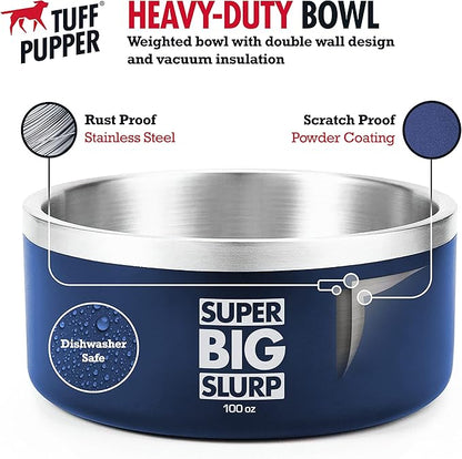 Tuff Pupper 100 oz Heavy Duty Insulated Stainless Steel Dog Bowl for Large Dogs, Non-Slip Base, Dishwasher Safe